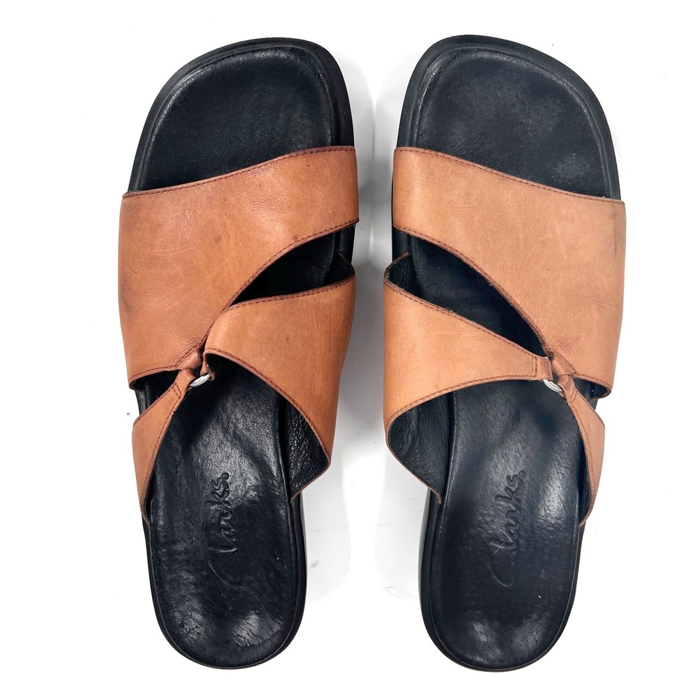 Clarks Womens Tan Leather Wedge Slide‎ Sandals Brown 8.5M